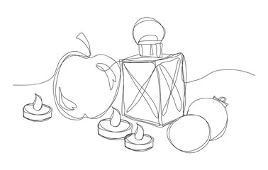 Continuous one line drawing oil lamp, candle, apple and Christmas tree ball. Black contour line, minimalist graphic isolated vector illustration.