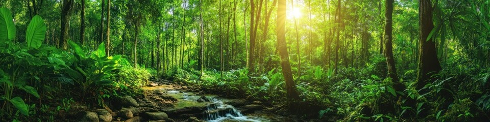 Fototapeta premium Panorama banner background of a tropical forest landscape, perfect for environmental ecology, sustainable energy, or Earth Day themes. Wild wood scenic view for spa and tourism wallpaper.