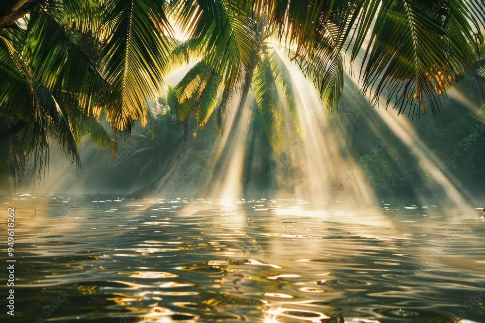 Poster sunlight filters through the trees onto the waters surface, sunlight streaming through palm trees on