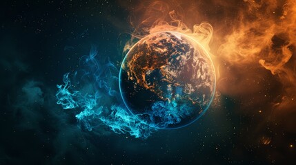 Obraz premium Earth engulfed in blue and orange smoke with a starry background