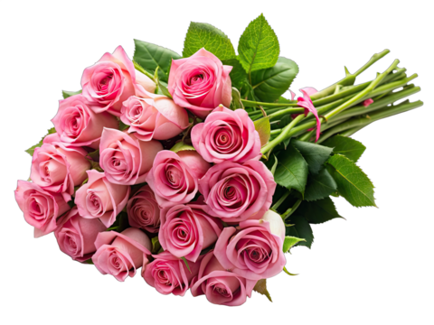 A long-stemmed bouquet of pink roses with green leaves is isolated on a white background