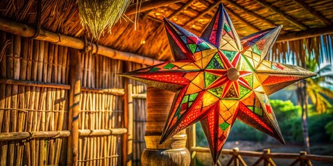 intricate colorful parol patterns pop against rustic natural backdrop of woven bamboo Philippine hut radiant morning light casting long shadows vibrant textured details