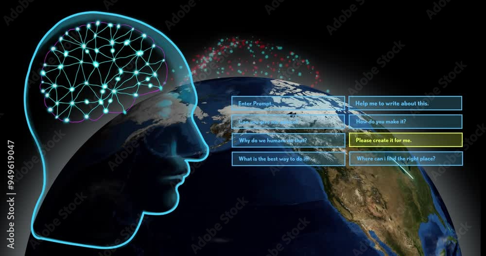 Poster neural network animation over earth with text prompts about creating content