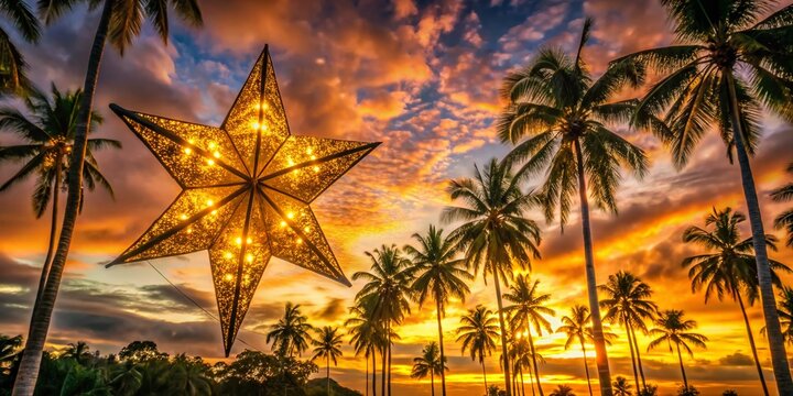 dramatic golden hour Philippine sunset radiates warm glow on majestic parol star adorned with twinkling fairy lights amidst moody dark silhouetted palm trees