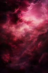 A dark, dramatic background with deep red and dark pink hues, filled with swirling, misty clouds. The atmosphere is intense and stormy