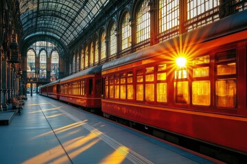 A Red Train at a Sunlit Train Station Platform