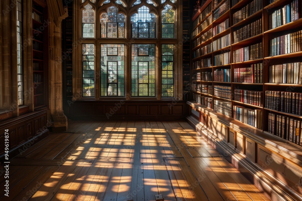 Poster a room filled with numerous books lined up next to a window with sunlight streaming in, sunlight str