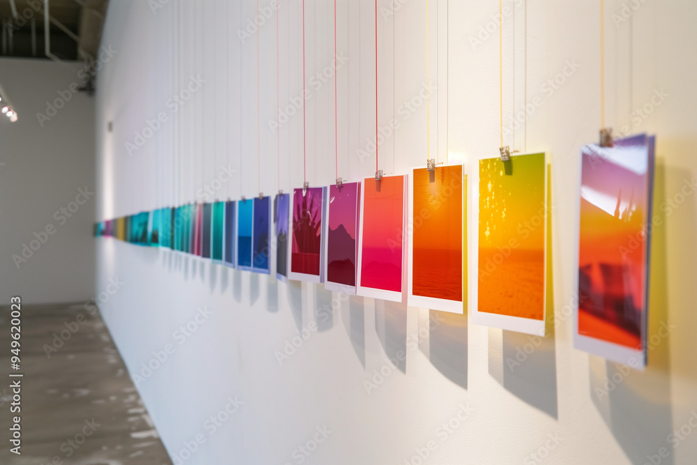 Aufkleber a line with multiple polaroid photographs hung on thin thread, creating a colorful and unique wall a