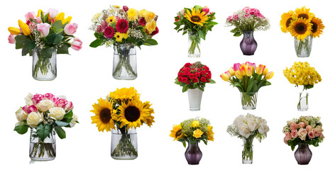 Beautiful floral arrangements with various types of flowers isolated on transparent background © Jieee Mooo