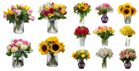 Beautiful floral arrangements with various types of flowers isolated on transparent background