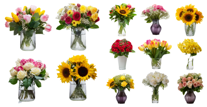 Beautiful floral arrangements with various types of flowers isolated on transparent background
