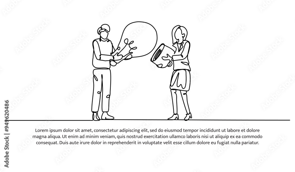 Poster continuous one line design of cooperation determine ideas. minimalist style vector illustration on w