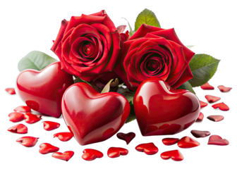 Two red roses and three red hearts lay on a white background with scattered rose petals