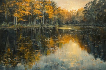 Fototapeta premium A painting depicting a lake reflecting sunlight, surrounded by dense trees, Sunlit reflections on a calm lake