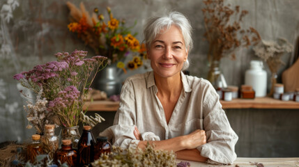Mature Woman with Gray Hair Surrounded by Natural Products