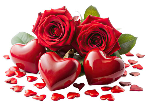 Two red roses and three red hearts lay on a white background with scattered rose petals