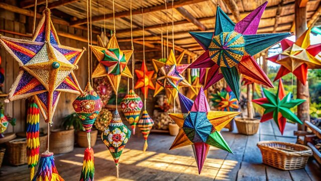 whimsical Philippine parol mobiles sway gently above vibrant colorful textiles woven Philippine baskets amidst rustic wooden floor warm soft natural light cozy simplicity