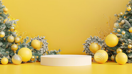 Empty podium for displaying product with Christmas decoration in yellow color. Christmas and new year themed with tree, ball, and gifts.