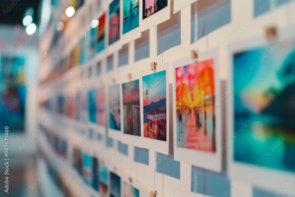 Aufkleber a line with multiple polaroid photographs hung on thin thread, creating a colorful and unique wall a