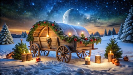 Fototapeta premium Stylized night scene of cozy winter wonderland with horse-drawn wooden wagon filled with twinkling candles and festive holly under starry sky.