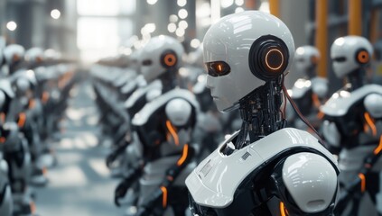 A group of white humanoid robots in an industrial factory 