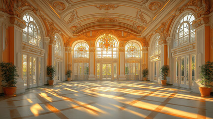 Elegant ballroom illuminated by sunlight streaming through large windows in a historic building during the afternoon