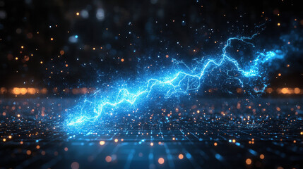 Obraz premium A futuristic blue lightning bolt illuminates a digital landscape at night with sparkling particles and glowing effects