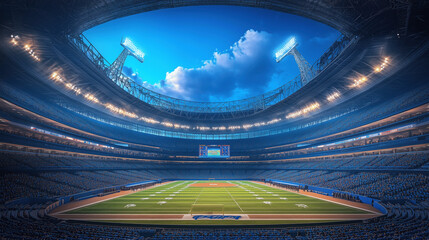 A spacious stadium under a clear blue sky with bright lights, showcasing a green field ready for a competitive game