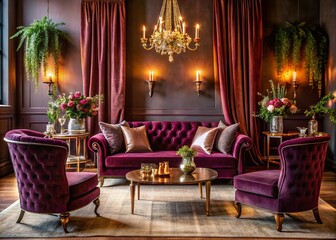 Fototapeta premium Sophisticated copper accents pop against rich berry hues in elegant velvet-draped lounge settings