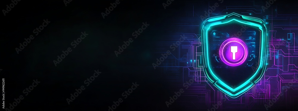 Poster Neon Shield with Keyhole on Circuit Board Background