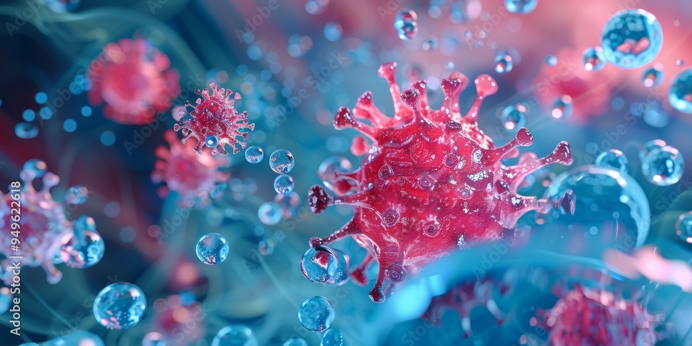 Aufkleber red virus particles floating in blue liquid with bubbles