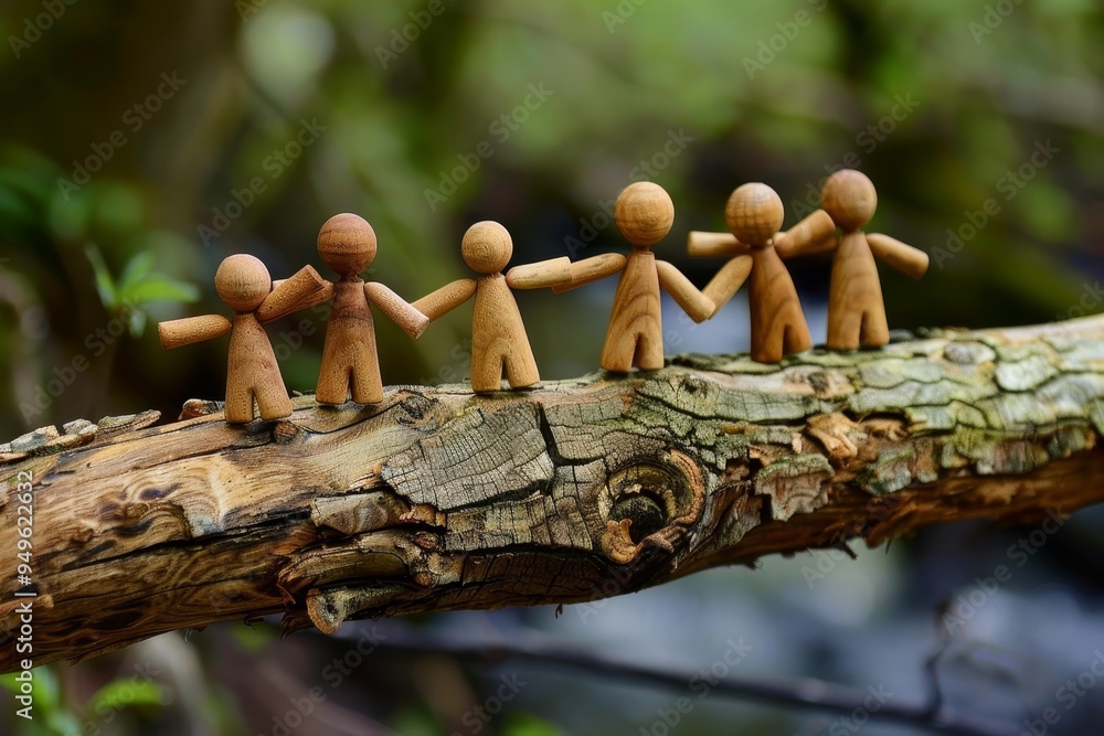 Poster group of wooden people linked in unity, holding hands on a sturdy branch in a symbolic display of to