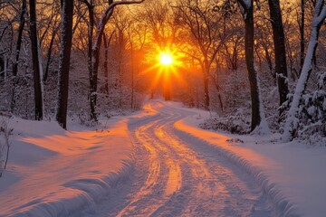 Sunset Glowing Through Snow-Covered Trees on a Winding Forest Path
