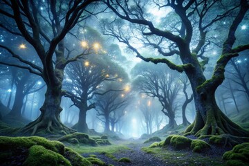 Obraz premium Mysterious nocturnal forest with twinkling starlight, eerie fog, and moss-covered ancient trees, shot in high-contrast black-and-white with a sense of mystical enchantment.