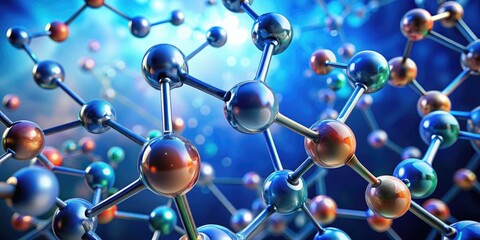 3D illustration render of interconnected molecules representing scientific research, with a vibrant color palette, glowing particles, and dynamic movement, ideal for a presentation backdrop
