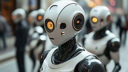 Glowing eyes and helmet on a futuristic robot figure