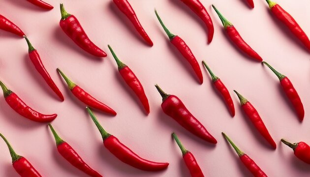 Pattern red chili peppers on a pink background. The image is a vibrant and colorful of spicy food.