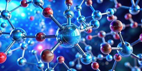 3D illustration render of interconnected molecules representing scientific research, with a vibrant color palette, glowing particles, and dynamic movement, ideal for a presentation backdrop