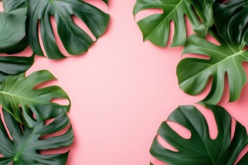 Fototapeta premium Green leaves monstera on a pink background for a summer concept. Flat lay, top view, copy space, banner style.