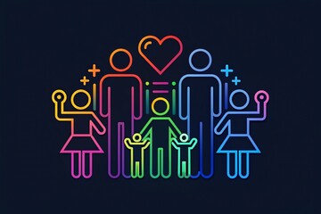 Bold family logo with thin line icon symbols in bright colors portraying strength and unity in a modern graphic design