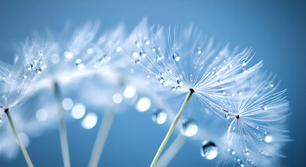 Macro of big white dandelion flower. Blue background with white dandelion. Dandelion flowers for wallpaper, web design. 