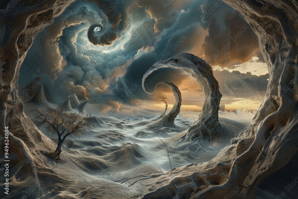 Poster a painting portraying a cave disgorging a colossal wave, creating a surreal and dynamic scene, surre