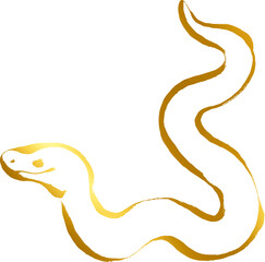 巳年、年賀素材、筆タッチのヘビのイラスト_ゴールド