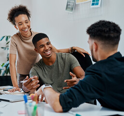 Creative, editor or happy people in startup for advice, collaboration or planning writing ideas in...