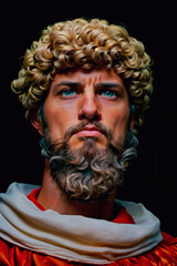 Portrait of a serious bearded man with curly hair in Roman emperor costume