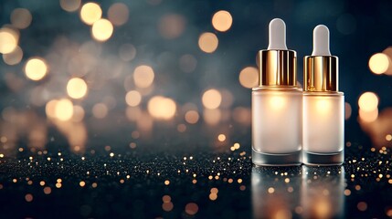Luxury skincare serum bottles with golden bokeh