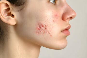 Obraz premium Woman with pimples on the face. Close up skin texture. Macro acne skin. Treatment for skin concept. Problem skin. Pimples, acne, pores, scars. 