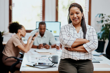Business woman, confidence and leadership for meeting, crossed arms and collaboration with pride....