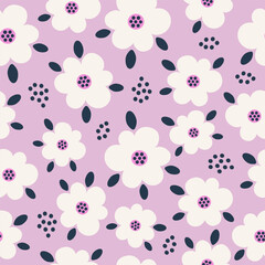 Seamless pattern with white flowers on purple background. Hand drawn floral pattern for your fabric, summer background, wallpaper, backdrop, textile. Vector illustration