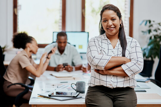Business woman, confidence and leadership for meeting, crossed arms and collaboration with pride. Public relations, face and portrait for crisis management, conference or company reputation in office